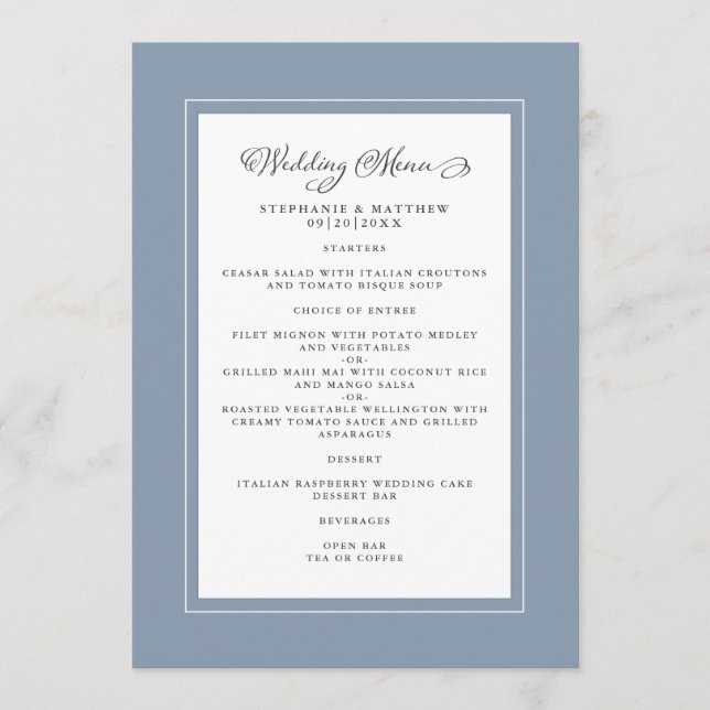 Dusty Blue Wedding Modern Chic Borders Menu (Front)