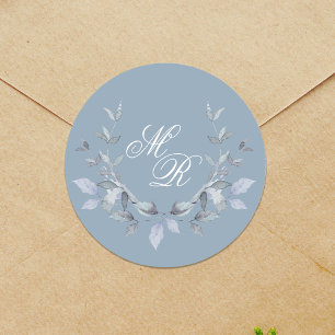 Dusty Blue Wedding Monogram Custom Classic Round Sticker