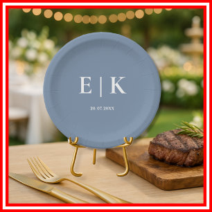 Dusty Blue Wedding Monogram Paper Plate