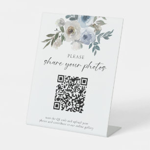 Dusty Blue Wedding Photos QR Code Welcome Script Pedestal Sign