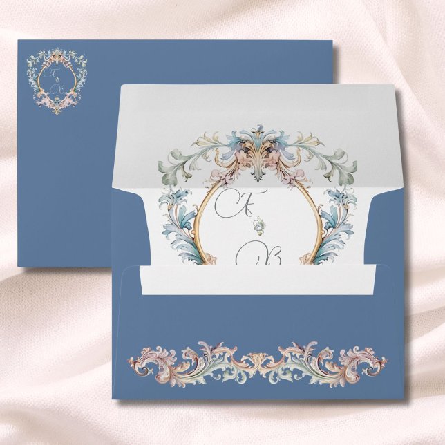 Dusty Blue Wedding Regency Elegant Monogram Crest  Envelope (Creator Uploaded)