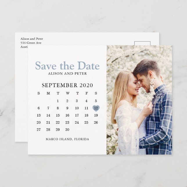 Dusty Blue Wedding Save the Date Calendar Photo Announcement Postcard (Front/Back)