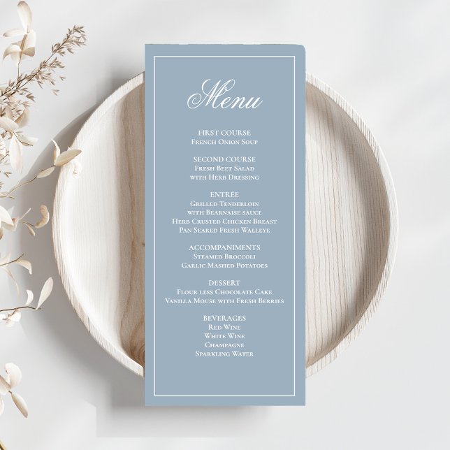 Dusty Blue Wedding Script Dinner Menu (Elegant dusty blue wedding dinner menu card.)