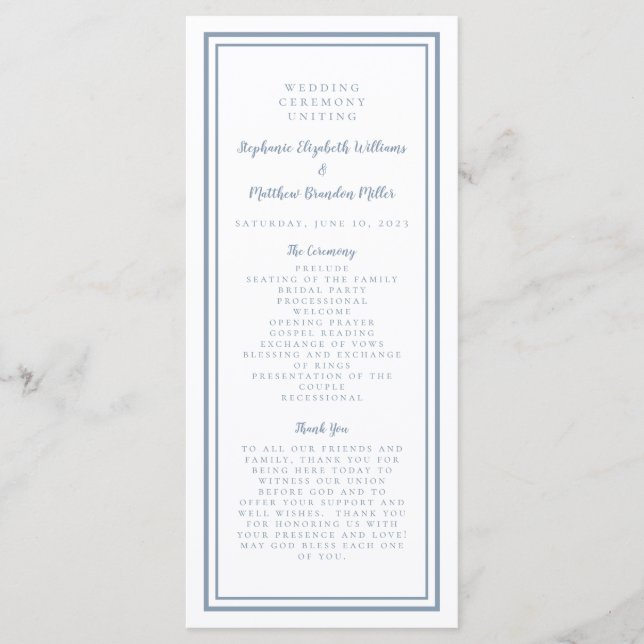 Dusty Blue Wedding Service Ceremony Modern Simple Program (Front)