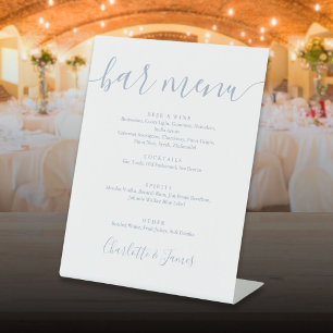Dusty Blue Wedding Signature Script Bar Menu Pedestal Sign