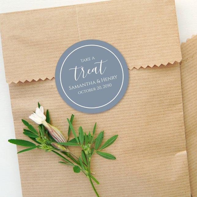 Dusty Blue Wedding Simple Calligraphy Script Treat Classic Round Sticker (Creator Uploaded)