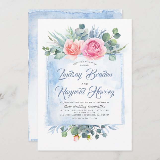 Dusty Blue Wedding | Slate Blue and Blush Pink Invitation (Front/Back)