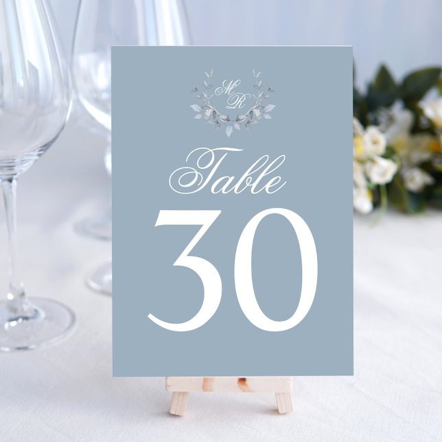 Dusty Blue Wedding Table Number Monogram Motif (Wedding elegant dusty blue table number.)