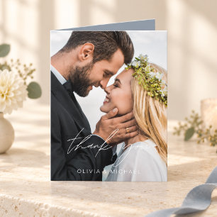 Dusty Blue Wedding Thank You Handwritten Photo Card