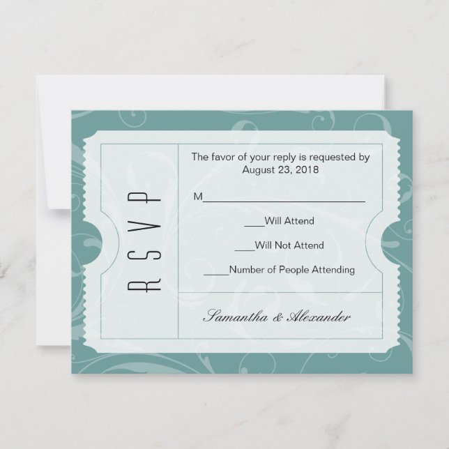 Dusty Blue Wedding Ticket RSVP Card (Front)