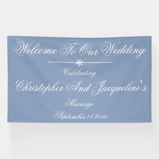 Dusty Blue Wedding White Script Names Backdrop Banner (Horizontal)