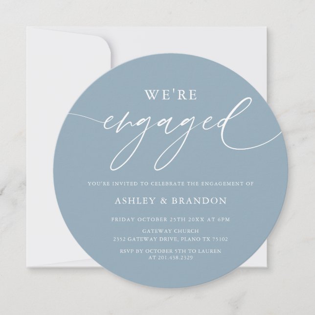Dusty Blue We're Engaged Round Engagement Party Invitation (Front)