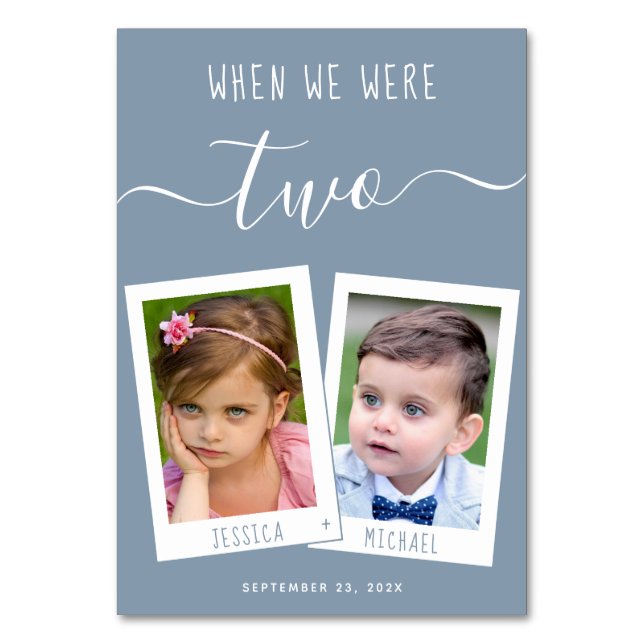 Dusty Blue When We Were Age Photos Script Wedding Table Number (Front)