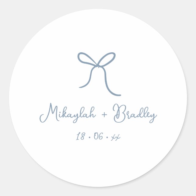 Dusty Blue Whimsical Bow Personalised Wedding  Classic Round Sticker (Front)