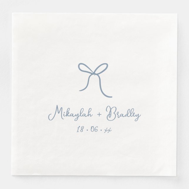 Dusty Blue Whimsical Bow Personalised Wedding  Napkin (Front)