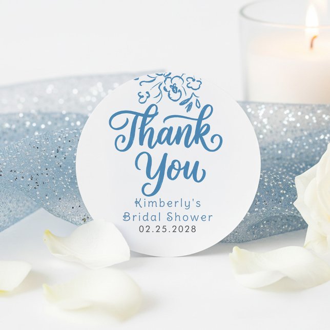 Dusty Blue Whimsical Bridal Shower Thank You  Classic Round Sticker (Dusty Blue Whimsical Thank You Stickers)