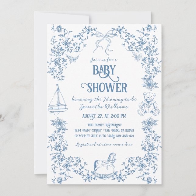 Dusty Blue Whimsical Floral Baby Shower Invitation (Front)