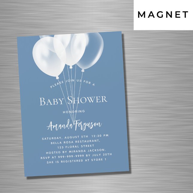 Dusty blue white balloons boy luxury baby shower magnetic invitation (Creator Uploaded)