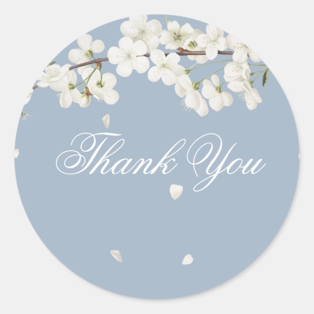 Dusty Blue White Blossom Floral Thank You Favour Classic Round Sticker (Front)