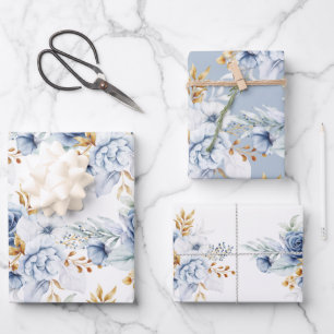Dusty Blue White Blue Gold Floral Wedding Wrapping Paper Sheet