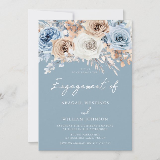 Dusty Blue White Bohemian Floral Engagement Party Invitation (Front)