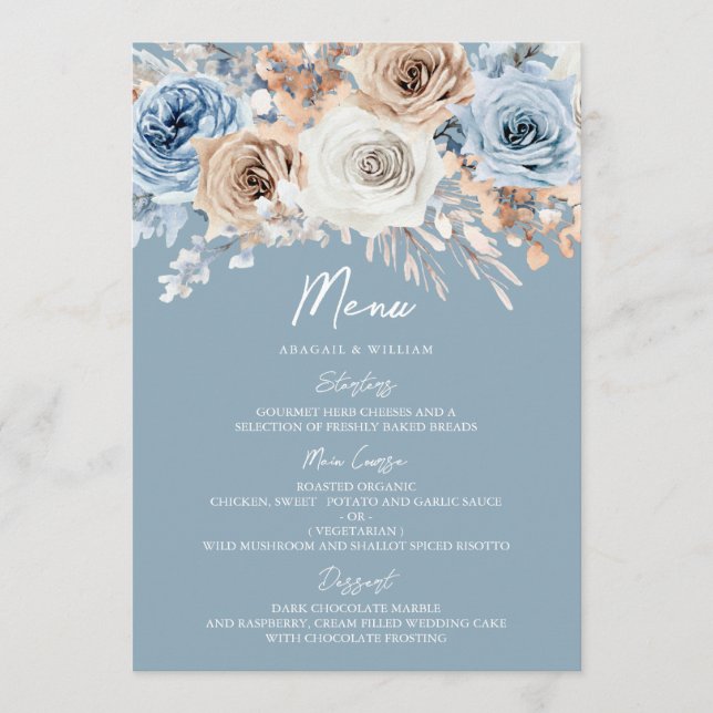Dusty Blue & White Bohemian Floral Modern Wedding Menu (Front)