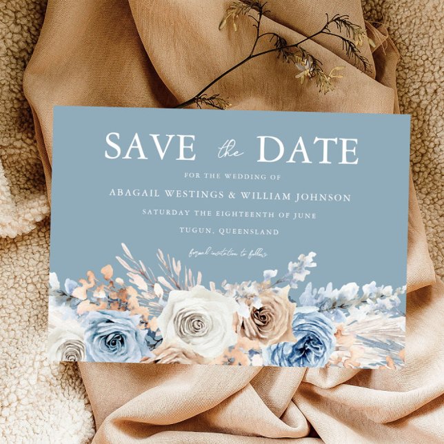 Dusty Blue & White Bohemian Floral Modern Wedding Save The Date (Creator Uploaded)
