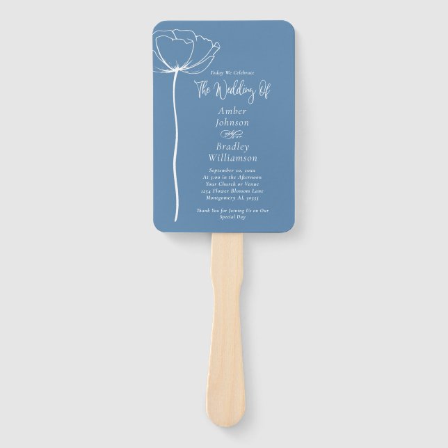 Dusty Blue White Bold Minimal Floral Program Hand Fan (Front)