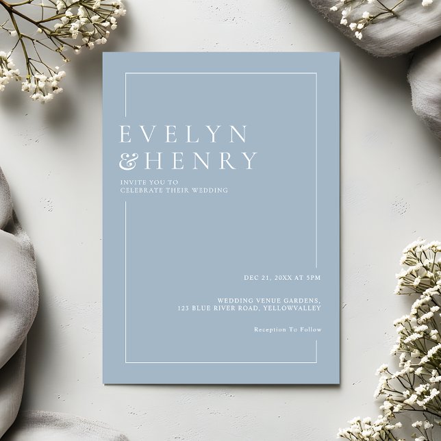 Dusty Blue White Border Simple Modern Wedding Invitation (Creator Uploaded)