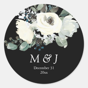 Dusty Blue & White Botanical Monogram- Black Classic Round Sticker