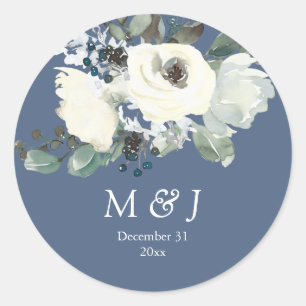 Dusty Blue & White Botanical Monogram- Dusty Blue Classic Round Sticker