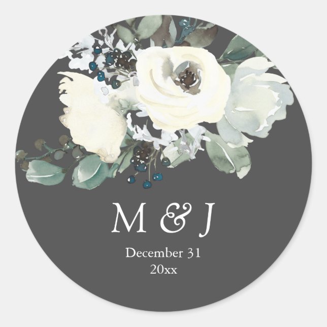 Dusty Blue & White Botanical Monogram- Grey Classic Round Sticker (Front)