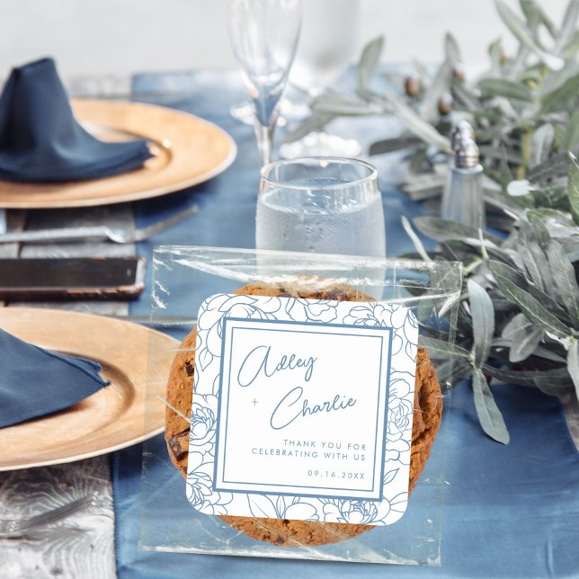 Dusty Blue White Botanical Wedding Favour Thank Yo Square Sticker (Creator Uploaded)