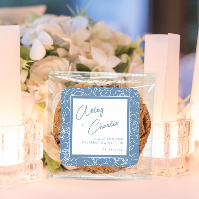 Dusty Blue White Botanical Wedding Favour Thank Yo Square Sticker (Creator Uploaded)
