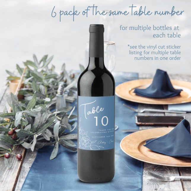 Dusty Blue & White Botanical Wedding Table Number Wine Label (Creator Uploaded)