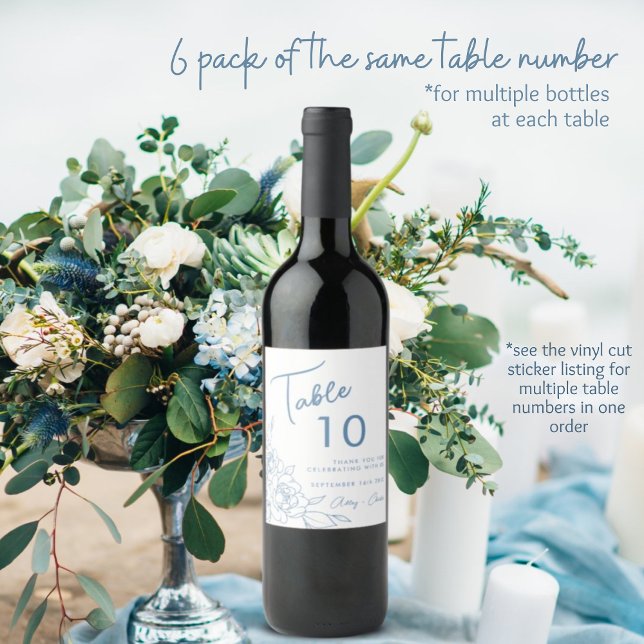 Dusty Blue & White Botanical Wedding Table Number Wine Label (Creator Uploaded)