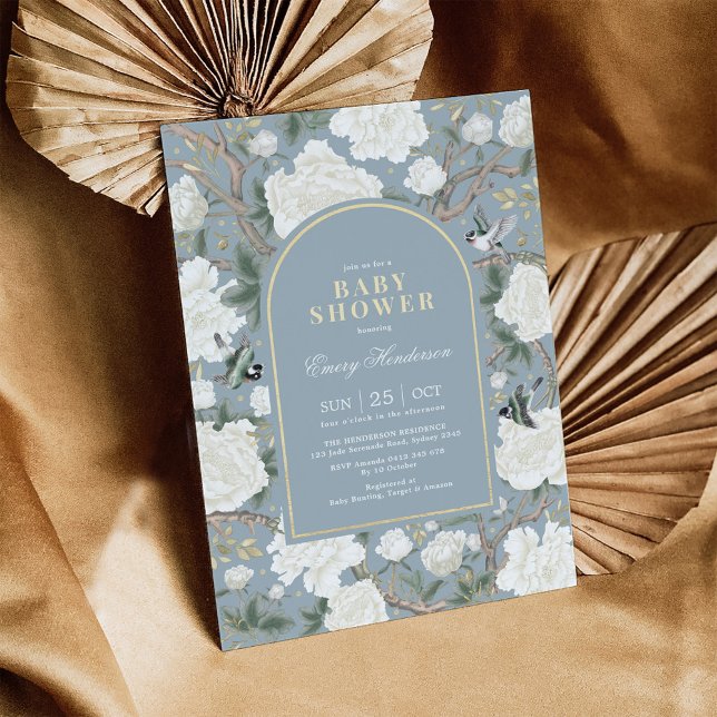 Dusty Blue White Chinoiserie Floral Baby Shower Invitation (Creator Uploaded)