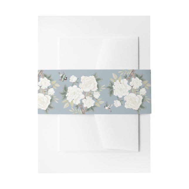Dusty Blue White Chinoiserie Floral Wedding Invitation Belly Band (Front Example)