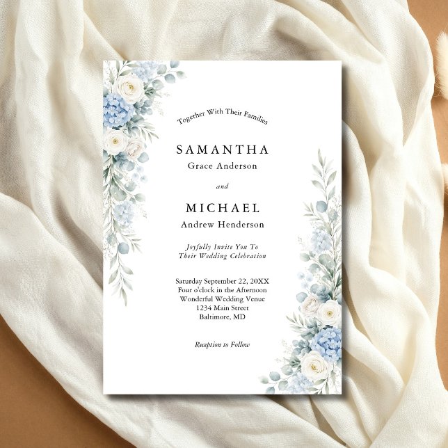 Dusty Blue White Cream Florals Wedding Invitation (Dusty blue and cream white watercolor florals modern elegant wedding invitation)