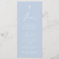 Dusty Blue White Cross Boy Baptism Menu Card