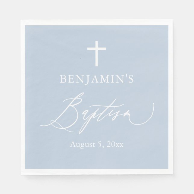 Dusty Blue White Cross Boy Baptism Paper Napkins (Front)