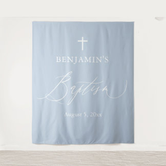 Dusty Blue White Cross Boy Baptism Photo Backdrop Tapestry