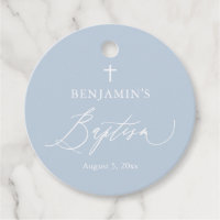 Dusty Blue White Cross Boy Baptism Round Favour Ta