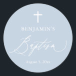 Dusty Blue White Cross Boy Baptism Round Sticker<br><div class="desc">Dusty Blue White Cross Boy Baptism Round Sticker,  Blue Baptism,  Boy Baptism,  Modern Blue Baptism Favour Sticker</div>