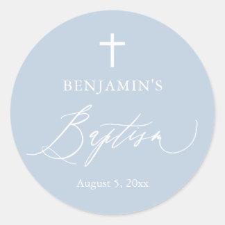 Dusty Blue White Cross Boy Baptism Round Sticker
