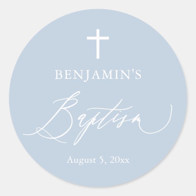 Dusty Blue White Cross Boy Baptism Round Sticker (Front)