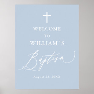 Dusty Blue White Cross Boy Baptism Welcome Sign