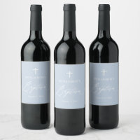 Dusty Blue White Cross Boy Baptism Wine Label