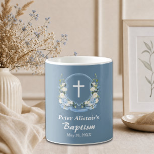 Dusty Blue White Cross Floral Crest Baptism Favour Coffee Mug