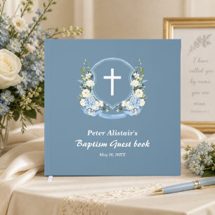 Dusty Blue White Cross Floral Crest Baptism Guest Book
